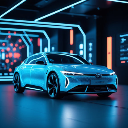 3D rendering of a brand-less generic concept car in studio environmentの素材