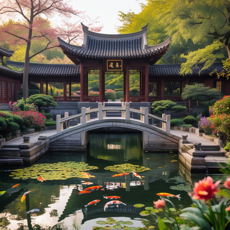 Beautiful chinese garden with pond and carp in Shanghai, Chinaの素材