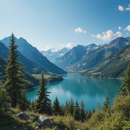 Mountain lake in the mountains. Beautiful summer landscape with mountain lake.の素材
