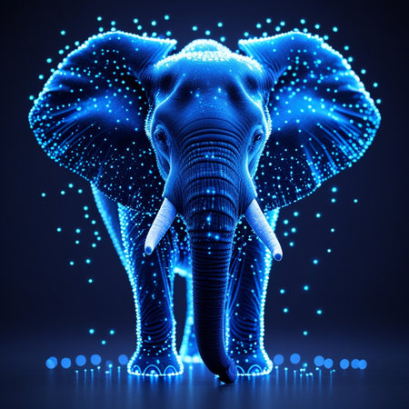 Elephant on blue background with glowing dots. 3d illustration.の素材