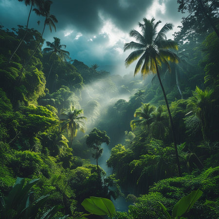 Tropical rainforest with palm trees and a stream of waterの素材
