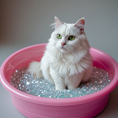 White cat with green eyes sits in a pink basin with sequinsの素材