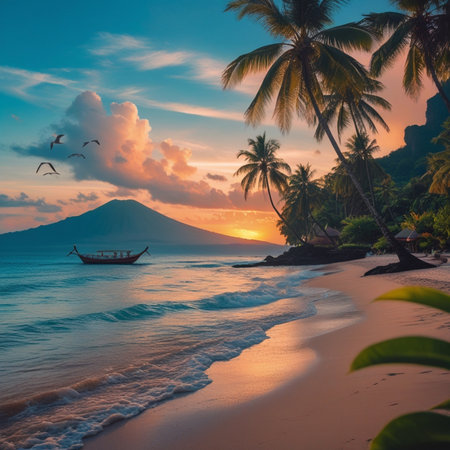 Tropical beach at sunset with palm trees, boat and volcano in backgroundの素材