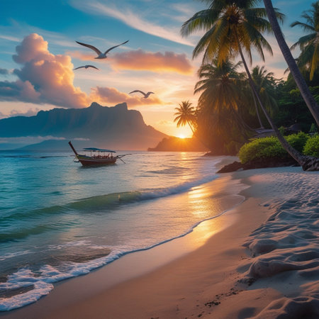 Beautiful sunset on the beach with palm trees, boat and seagullsの素材