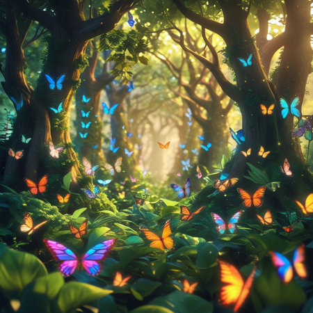 Magic forest with colorful butterflies in the morning light. Fairytale backgroundの素材