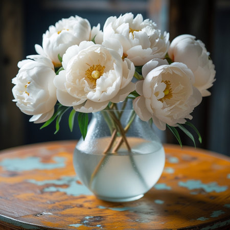 White peonies in a vase on a vintage wooden table.の素材