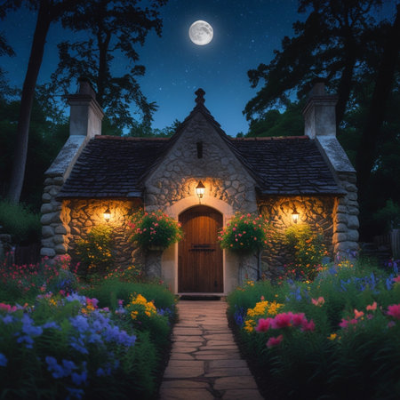 Garden at night with full moon. Fantasy landscape with old wooden house.の素材