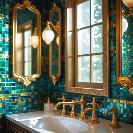 Luxury bathroom interior with mirror and golden faucet.の素材