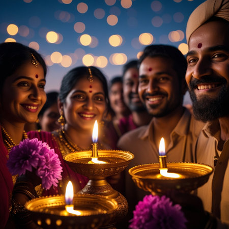 Group of happy Indian people with diwali oil lamp at templeの素材