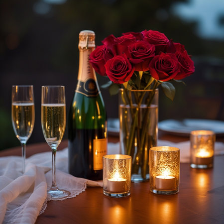 Romantic dinner setting with champagne glasses, roses and candles on wooden tableの素材