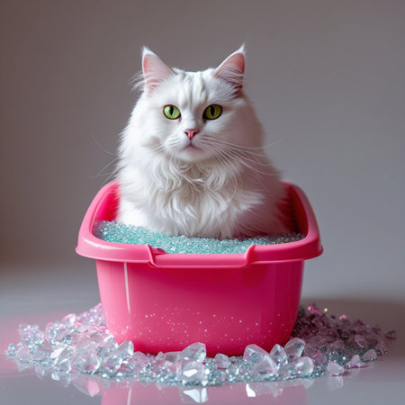 White Persian cat with green eyes sitting in a pink bucket with iceの素材