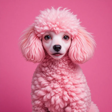 Studio portrait of a cute poodle puppy on a pink background.の素材