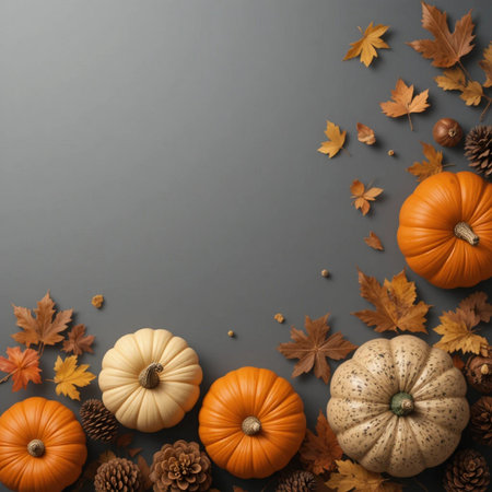 Autumn background with pumpkins, leaves and acorns on dark backgroundの素材
