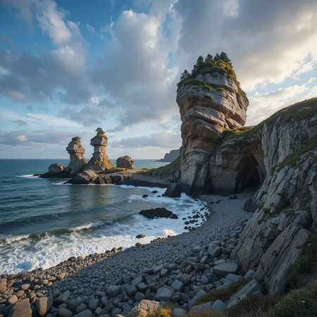 Beautiful seascape with dramatic sky at sunset. Rock formation called Pigeon Rocks.の素材