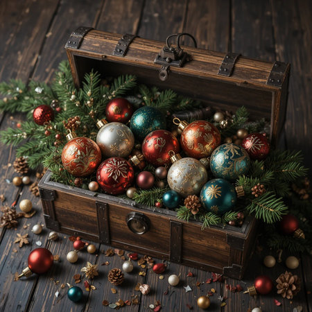 Wooden box with Christmas ornaments on dark wooden background.の素材