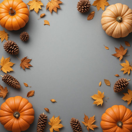 Autumn composition with pumpkins, leaves and pine cones on gray backgroundの素材