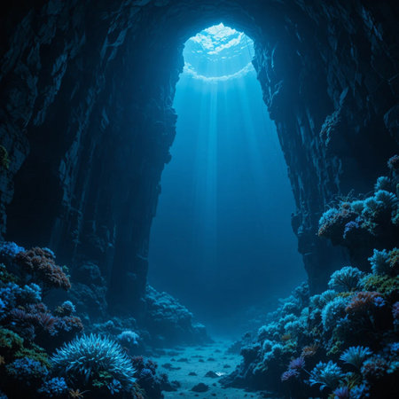 Underwater cave with sunlight shining through the hole, underwater landscape.の素材