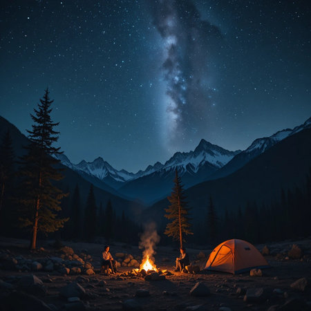 Camping in the mountains at night with a bonfire and tentの素材