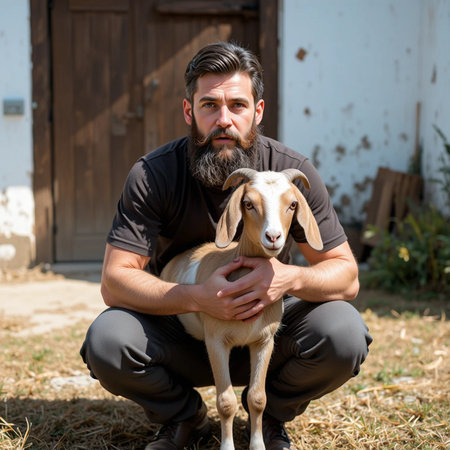 Portrait of a bearded man with a goat on the farm.の素材