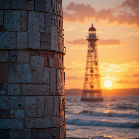 Lighthouse at sunset on the Baltic Sea in Gdynia, Polandの素材