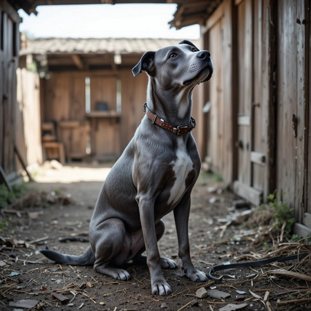 Portrait of an American pit bull terrier sitting in the yardの素材
