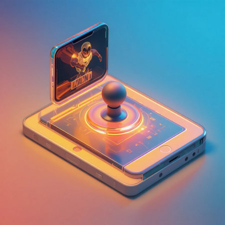 Mobile gaming concept. Smartphone with joystick on blue background. 3d renderの素材