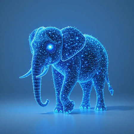 Elephant in the form of a polygonal mesh on a blue backgroundの素材