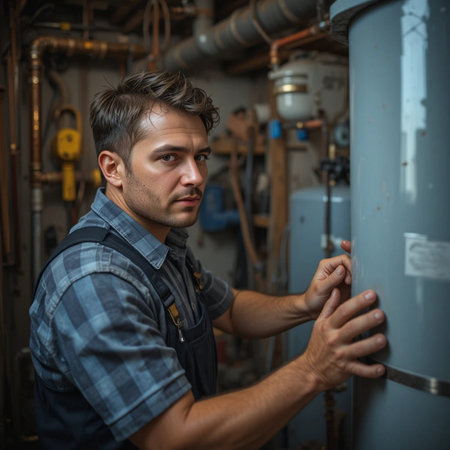 portrait of young caucasian male plumber working in boiler roomの素材