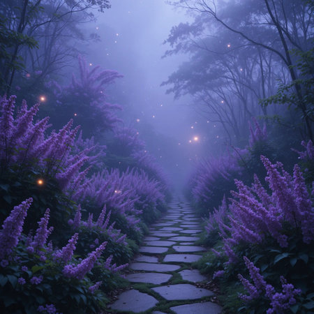 Mysterious pathway in the misty forest with purple flowers.の素材