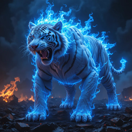 Aggressive white tiger with blue flames on the background of burning forestの素材