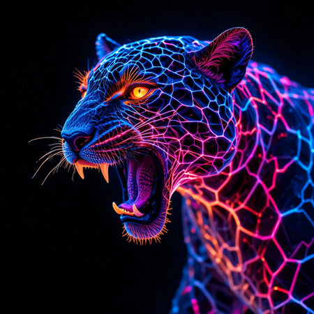 3d rendering of a neon leopard isolated on a black backgroundの素材