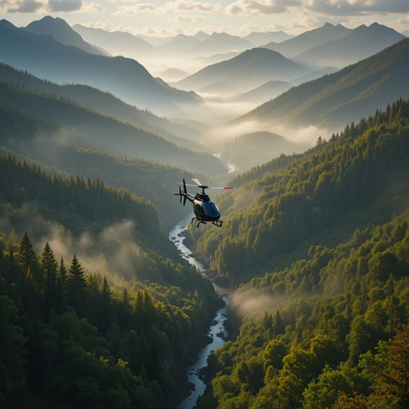 Helicopter flying over the mountains at sunset. Aerial view.の素材