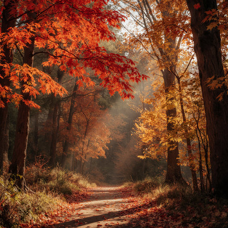 Autumn forest and road with sunbeams. Nature composition.の素材