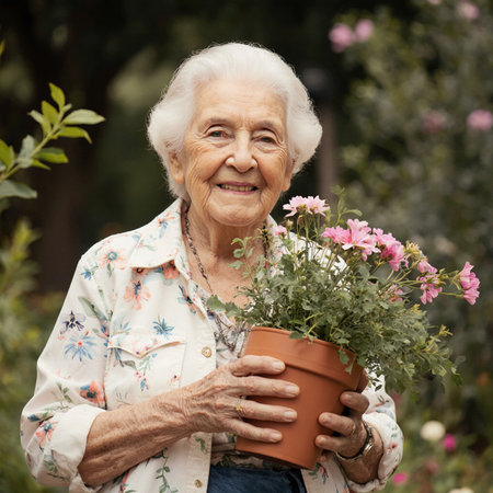 Portrait of happy senior woman with flowers in pot in the gardenの素材