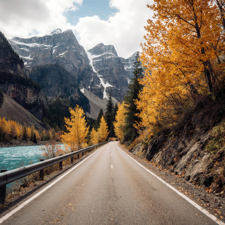 Beautiful autumn landscape in the mountains. The road to the lake.の素材