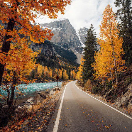 Autumn alpine road in the Dolomites, Italy.の素材