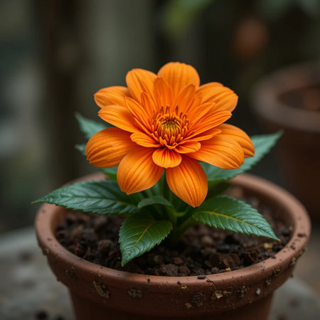 Orange flower in a pot on a wooden background. Selective focus.の素材