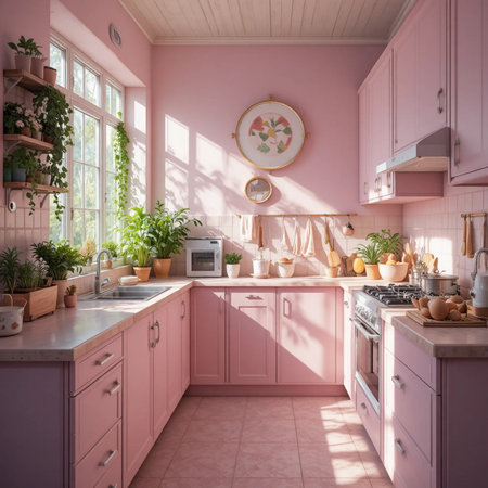 interior of a pink modern kitchen in a country house. 3d renderの素材