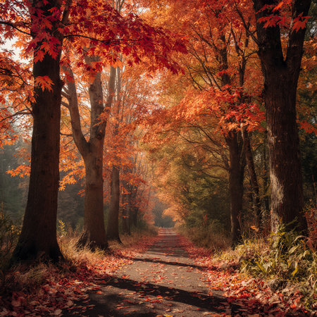 Beautiful autumn landscape. Road in the forest. Colorful treesの素材