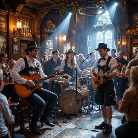 Group of musicians playing on the stage in the old fashioned pub.の素材