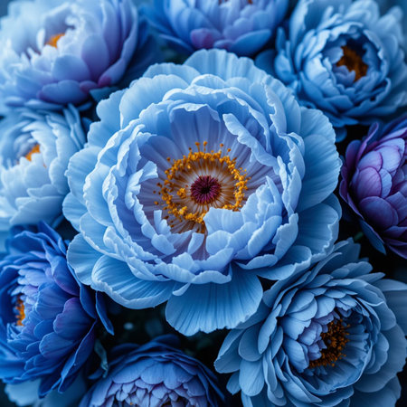 Blue peony flowers close up. Floral background. Shallow depth of fieldの素材