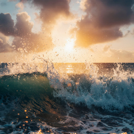 Splashes of sea water on the background of the sunset sky.の素材