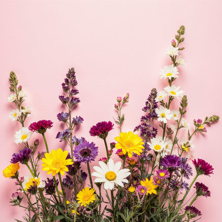 Flowers composition. Assorted wildflowers on pink background. Flat lay, top viewの素材