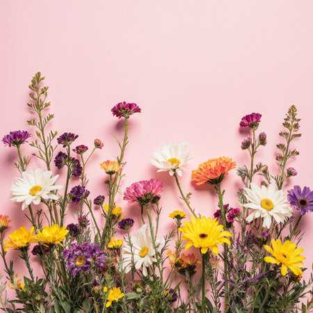 Flowers composition on pastel pink background. Flat lay, top view.の素材
