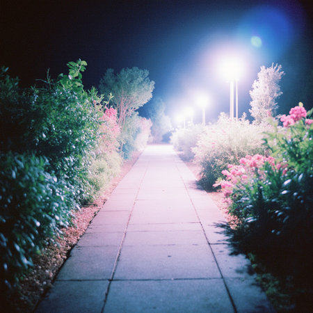 path in the park at night with lanterns and flowers in the foregroundの素材