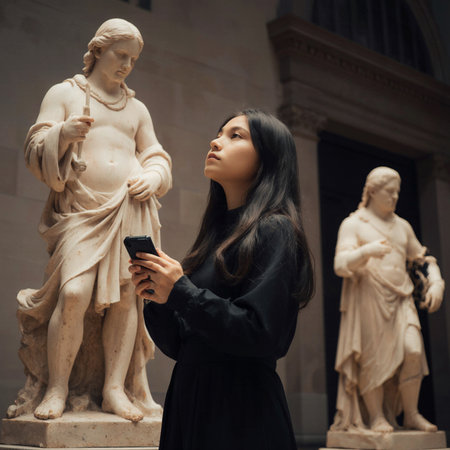 Young beautiful Asian woman with mobile phone in front of a statueの素材
