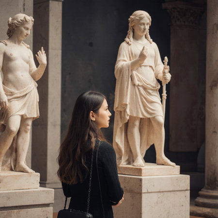 Beautiful young woman standing in front of the ancient statues in Vaticanの素材
