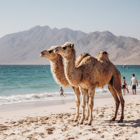 Camels on the beach in Sharm El Sheikh, Egypt.の素材