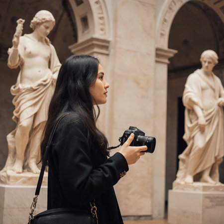 Young woman taking a photo of the statue in Vatican Museums.の素材