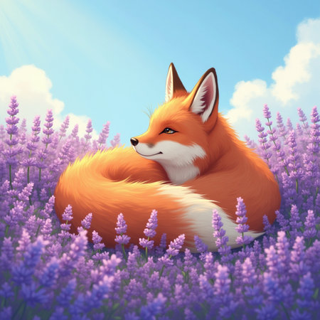 Red fox lying in lavender field. 3d render illustration.の素材